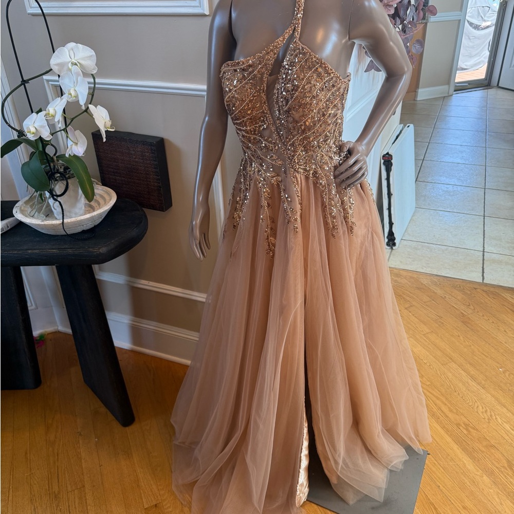 Elegant Halter Neck Gown in Tan
